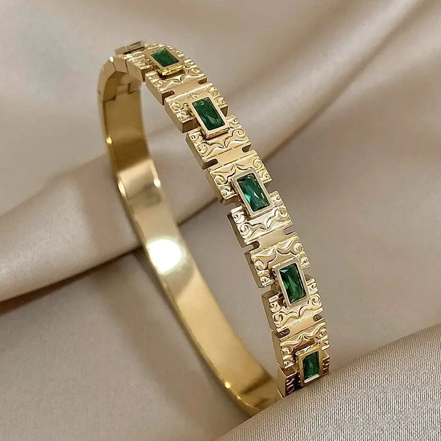 Vintage Palace Geometric Stainless Steel Bangle Bracelet for Women Inlaid Square Green Zircon Cuff Bracelets Jewelry Gifts