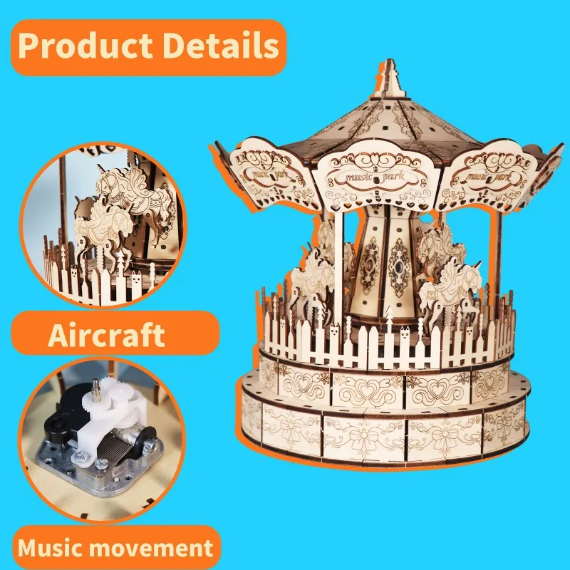 Music Park 3D Wooden Puzzle Carousel Music Box DIY Hand Assembled Mechanical Model Kit Carousel Music Box Christmas Gift