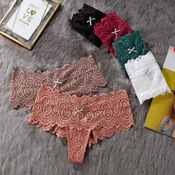 BANNIROU 1Pcs Lace Sexy Women's Underwear T-back Bow Transparent Mid-Rise Panties Female Thongs Woman Intimates Lingerie