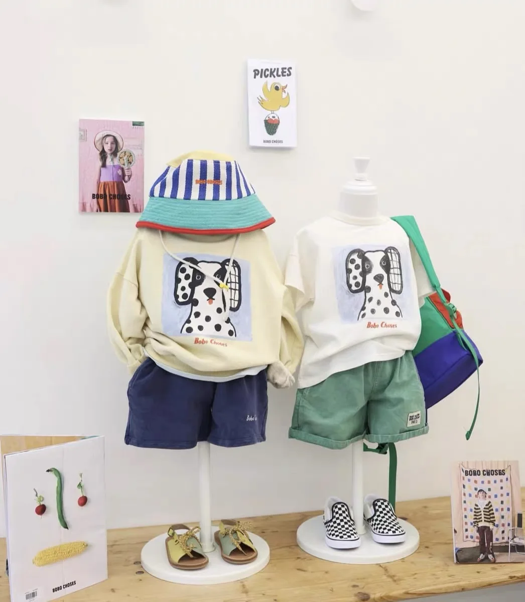 Spring Summer New Bobo Kids Cartoon Long Sleeve Pure Cotton Sweatshirt Unisex mid Large Children Outerwear Polyester Cotton