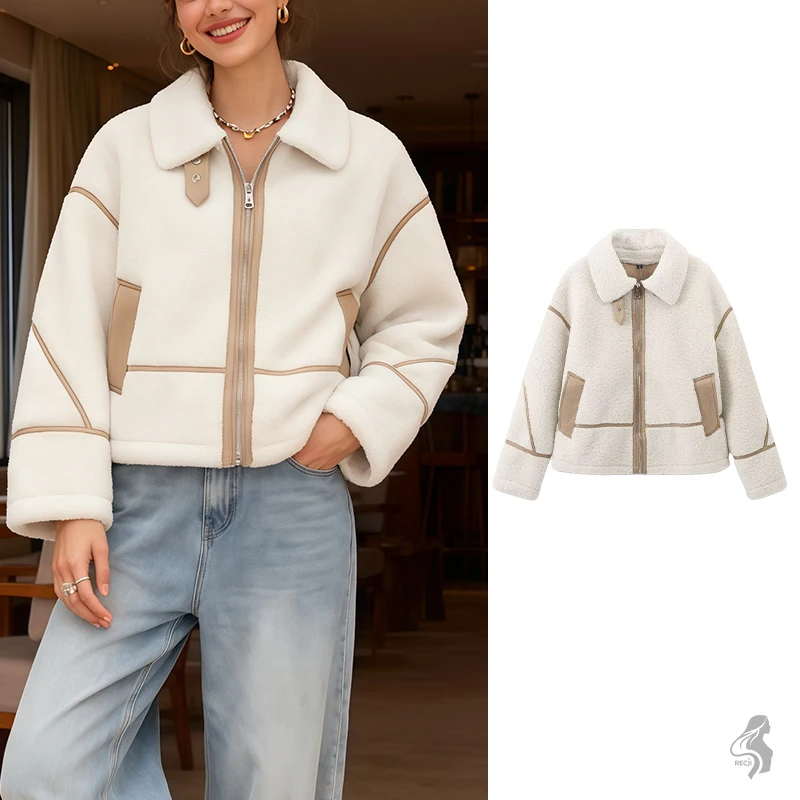 

Autumn And Winter Womens Jacket Khaki Color Block Lapel Zipper Style Loose Short Casual Commuter Warm Jacket Woman Clothes Tops