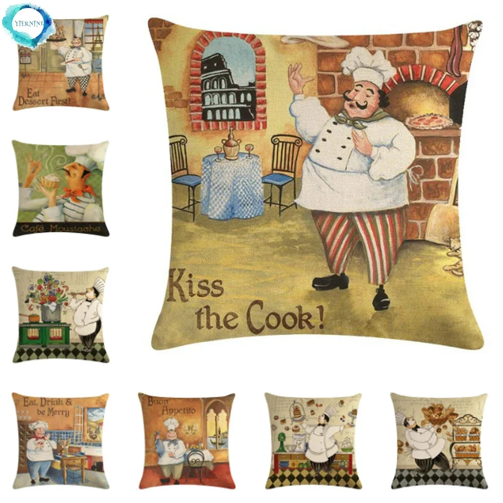 Chef Portrait Oil Painting Pattern Home Decor Cushion Cover Decorative Cotton Linen Throw Pillowcase Sofa Pillow Cover 45X45CM