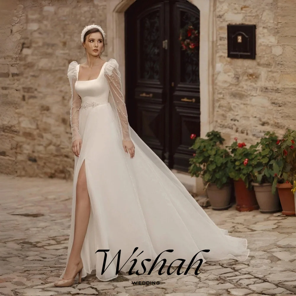 Wishah Customized Weeding Dress Square Collar Long Sleeve Beading Backless Tulle Sashes Forked Long Bridal Gown Vestido De Novia