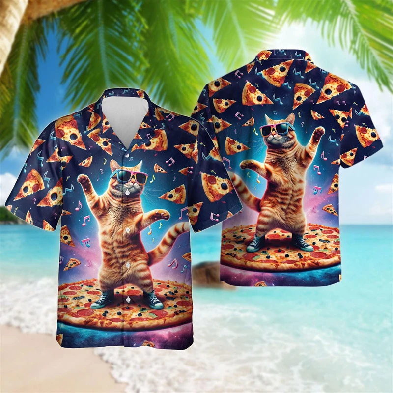 Camisa estampada para homens e mulheres 3D Cat Surfing, blusa havaiana de manga curta, streetwear casual, moda engraçada, roupas masculinas