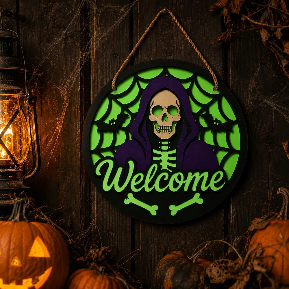 New Halloween Luminous Wooden Pendant with Black Cat, Pumpkin,double-layer Wooden Sign, Home Courtyard Ghost Tag Home Decoration