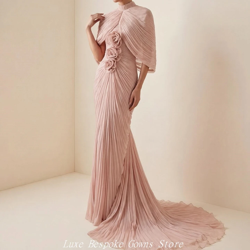 

Women's Formal Evening Gowns Mermaid Floor-length High-neck Sleeveless Prom Dresses Fashion Flowers Stole Customized Gowns