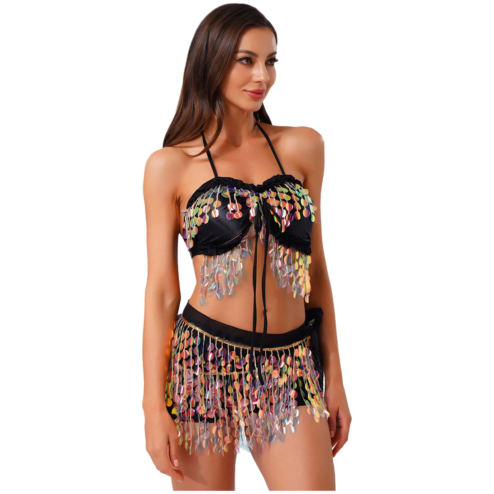 Orientalische lateinamerikanische Bauchtanz-Outfits für Damen, Farbverlauf, Pailletten, Quaste, Bauchtanz-Kostüm, Neckholder, gepolstertes Crop-Top und Hüfttuch zum Binden