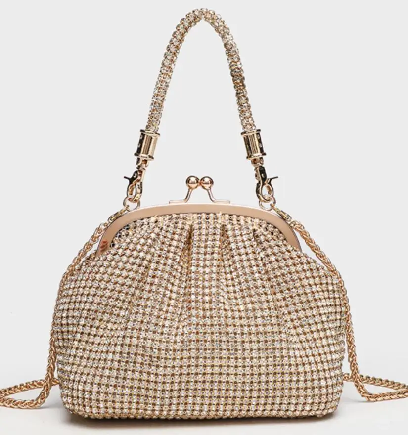Bolsa feminina de noite incrustada de diamantes artesanal de alta qualidade, bolsa de concha de strass brilhante, bolsa crossbody de ombro único com corrente