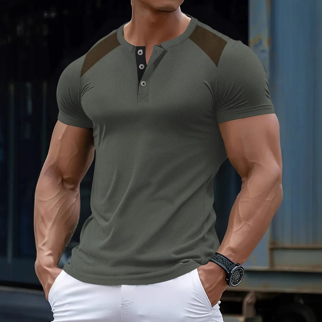 New men's breathable, soft and comfortable waffle knit Henry shirt with short sleeves and fitted