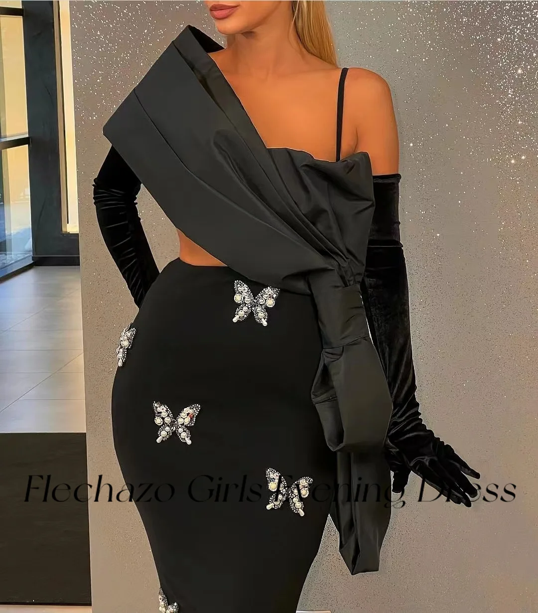 Flechazo Balck Cocktail Dresses Gloves Spaghetti Mermaid Sexy Formal Evening Party Dress For Women 2024 فساتين quinceanera