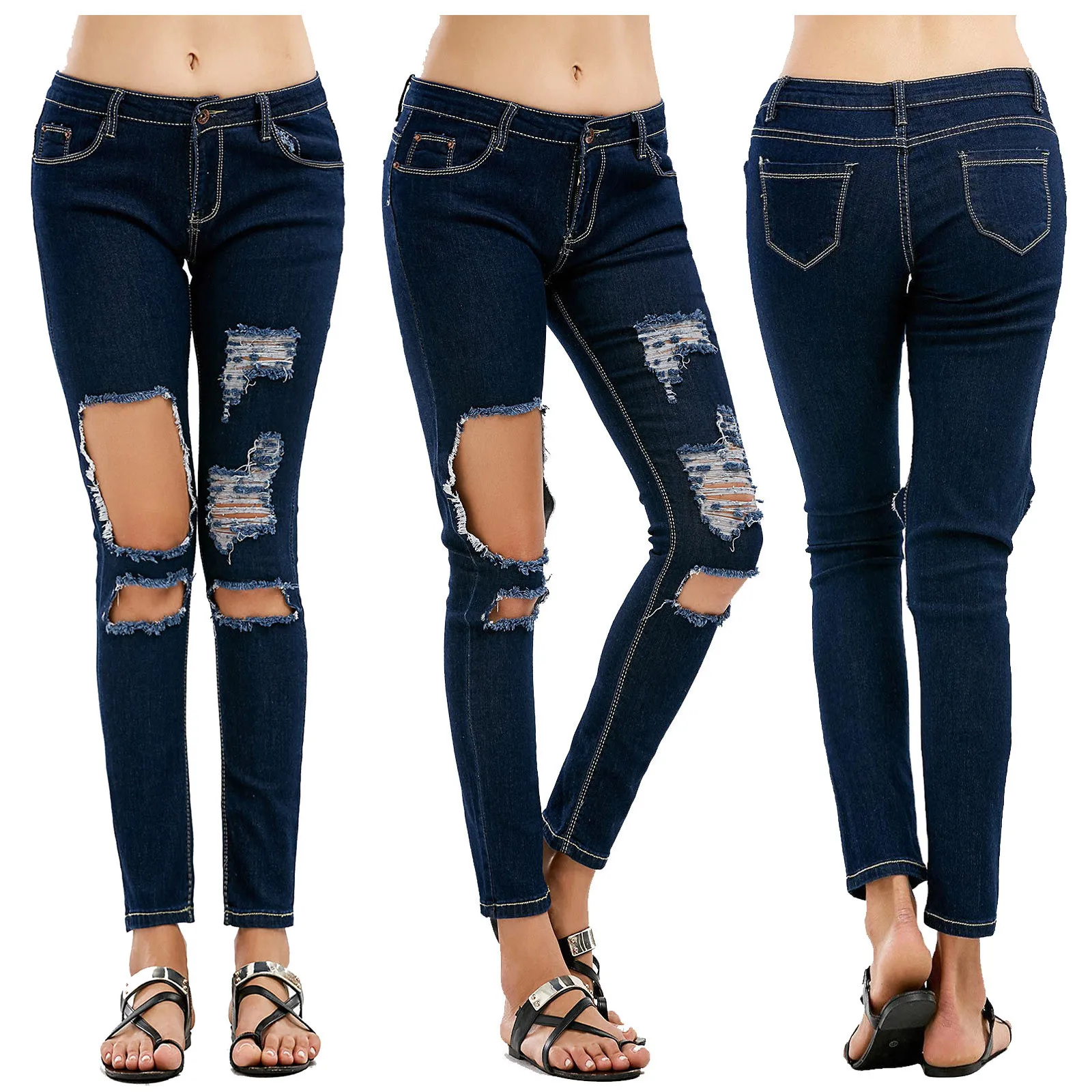 

Hole Ripped Jeans New Women Pants Casual Cool Denim Vintage Straight Jeans For Girl Mid Waist Casual Female Dark Blue Vintage