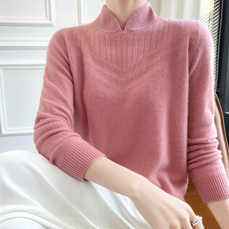 Moda Damska 100% Wełna Merino Jednolity Kolor Stójka Sweter Długi Rękaw Pulower Kaszmir Miękki Ciepły Delikatny Top Odzieżowy