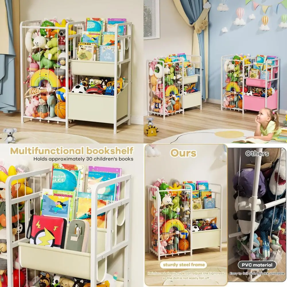 

Детская книжная полка и хранилище игрушек, 3-х уровневая детская книжная полка для детских комнат с местом для хранения мягких животных, органайзер для хранения игрушек, мягкая