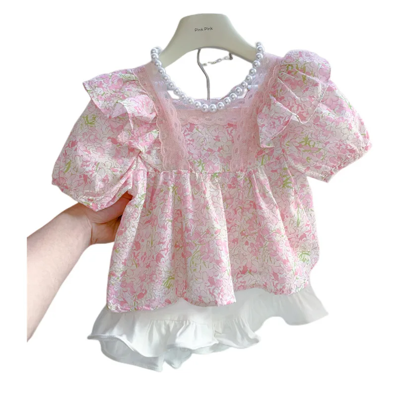 2023 Summer 3-9 year old girls Korean short sleeve top girl baby temperament sweet pink lace shirt tide