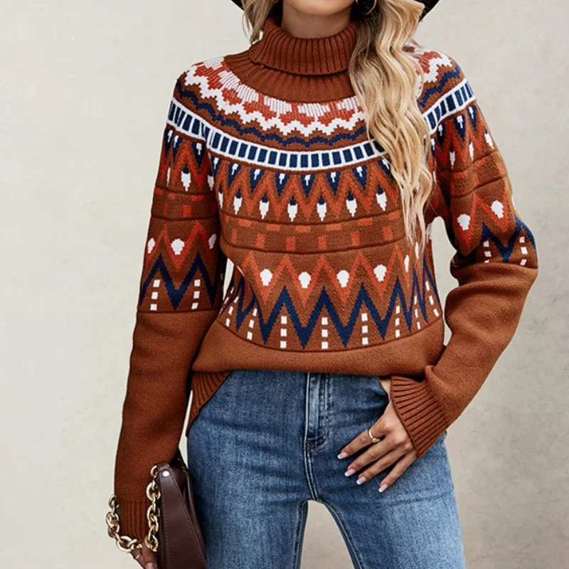 

2025 Winter New Retro Stripe Color Block Sweater Women High Neck Loose Knit Sweater