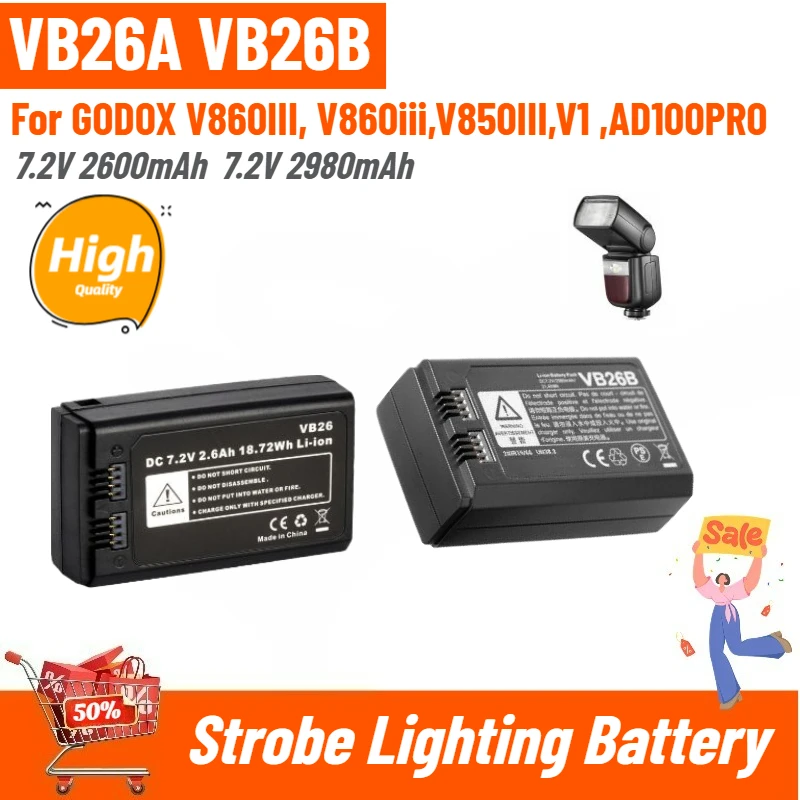 VB26A VB26B High Quality Strobe Lighting Battery 7.2V 2600mAh 2980mAh for GODOX V860III, XV860iii,V850III,V1, AD100PRO Brand New