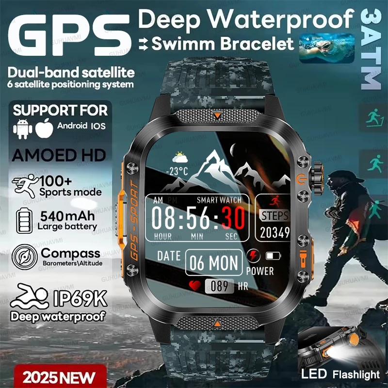 

2025New T-REX3 Military 6-star Positioning GPS Smart Watch 3ATM Waterproof Compass LED Flashlight NFC Bluetooth Call Sport watch