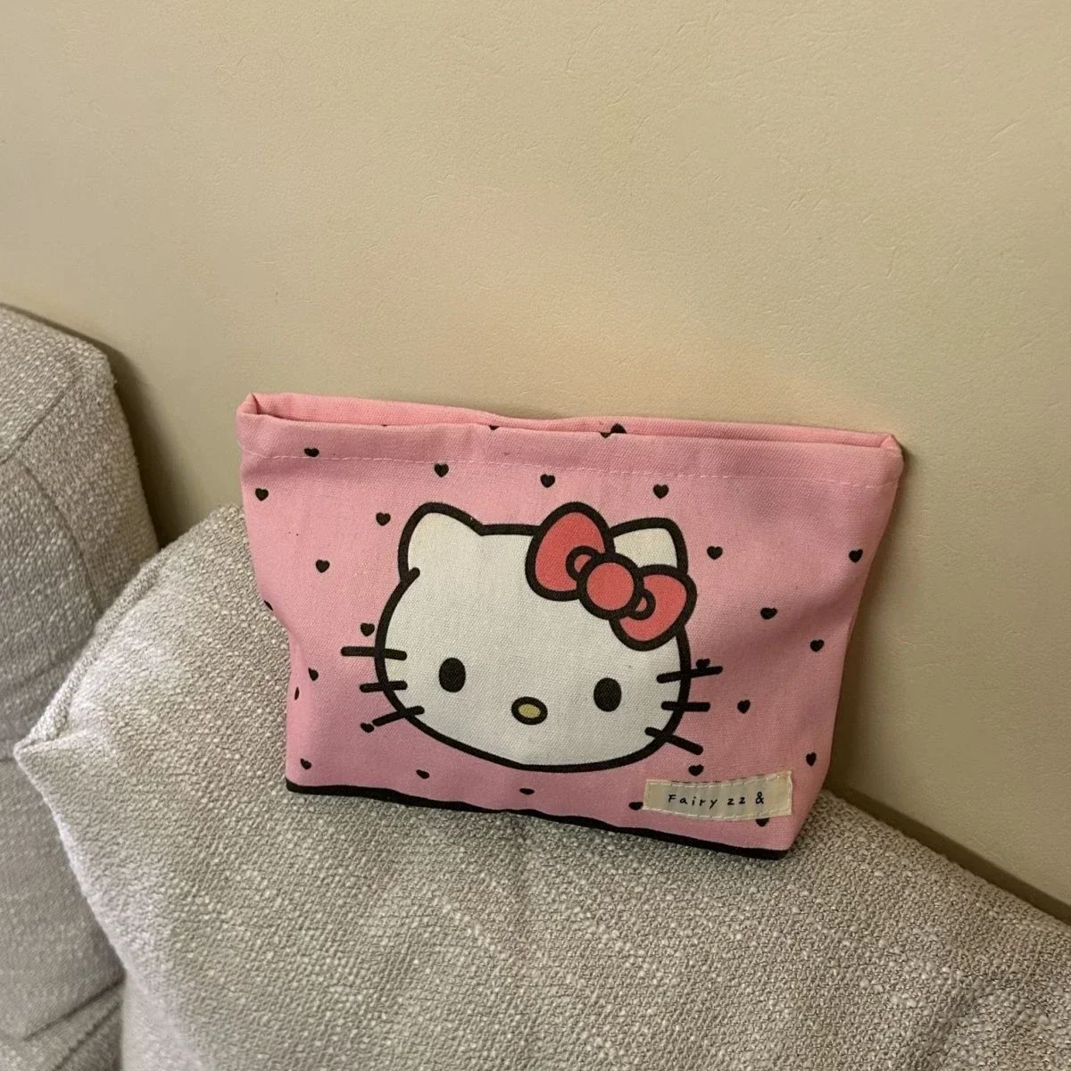 Hello Kitty-Pochette en toile Mininstants pour filles, impression double face, fermeture éclair, sac de rangement cosmétique polyvalent, grande capacité