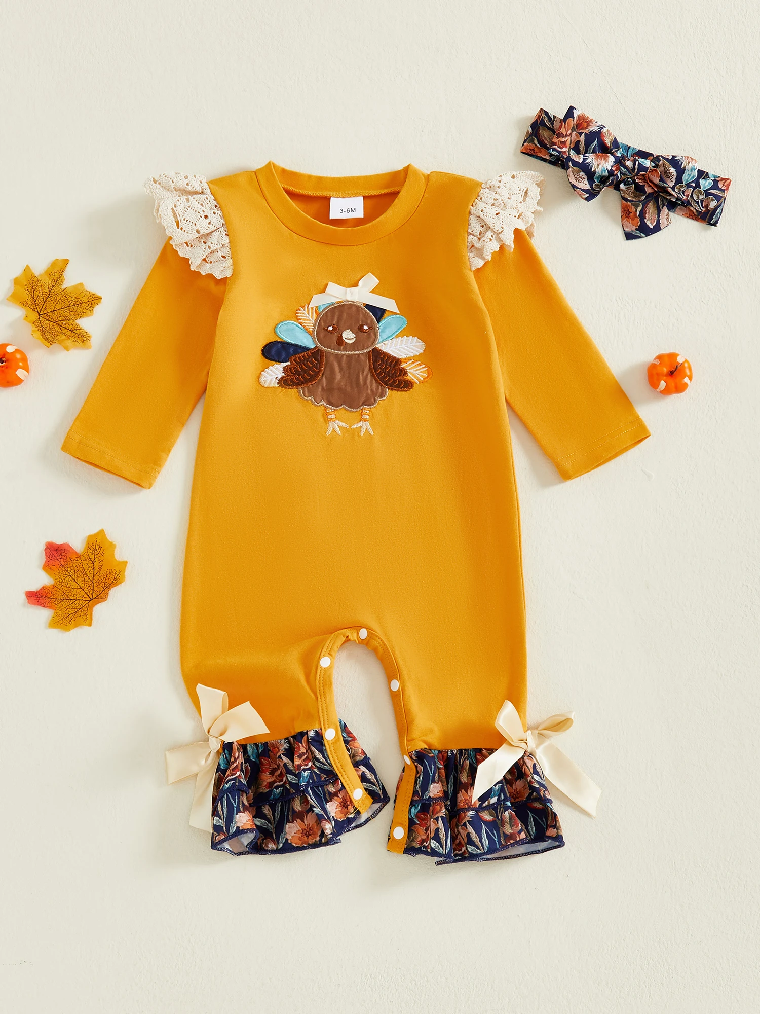 เด็กวัยหัดเดินชุดฤดูใบไม้ร่วงชุดรอมเปอร์พิมพ์ลายดอกไม้น่ารักพร้อมที่คาดผมโบว์ฤดูใบไม้ร่วงชุดวันขอบคุณพระเจ้าสำหรับเด็กผู้หญิง
