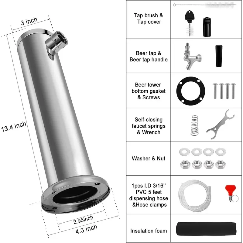 Stainless Steel Single Tap Beer Tower Kit with 3 Inch Flange and Drip Tray Portable Deluxe Countertop Dispenser for Home Bar