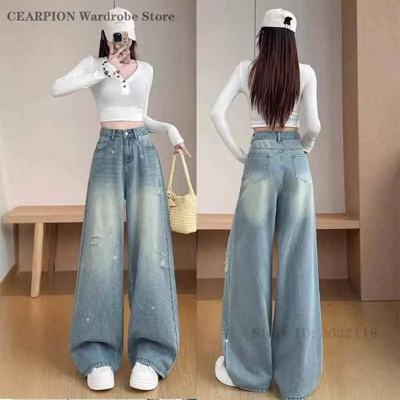 

Flared High Waist Distressed Patchwork Jeans Personality Meteor Shower Diamond Hot Stamping Design Straight Casual Trouser