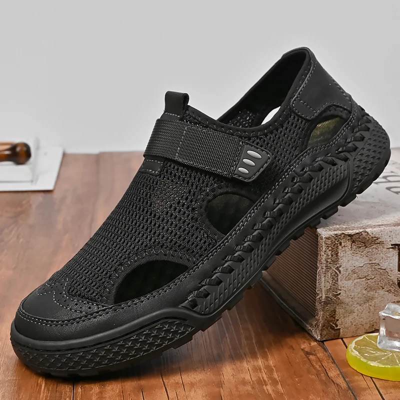 Fashionable Men's Summer New Handmade Mesh Breathable Sandals Brand Men's Outdoor Comfortable Anti Slip Quick Drying Beach Shoes