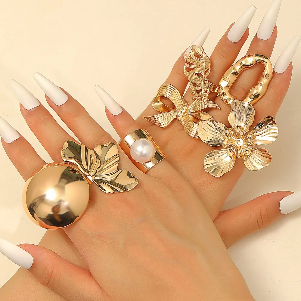 Vintage Irregular Leaf Flower Rings for Women Open Adjustable Geometric Bow Metal Ring Wedding Party Gifts Jewelry Accessories