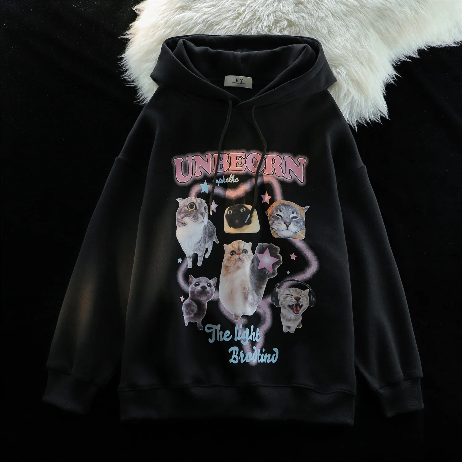 American Funny Stars Cat Graphic Hoodies Men Women Aesthetic Cartoon Sweatshirt Loose Oversized Teenage Students Kawaii Clothes