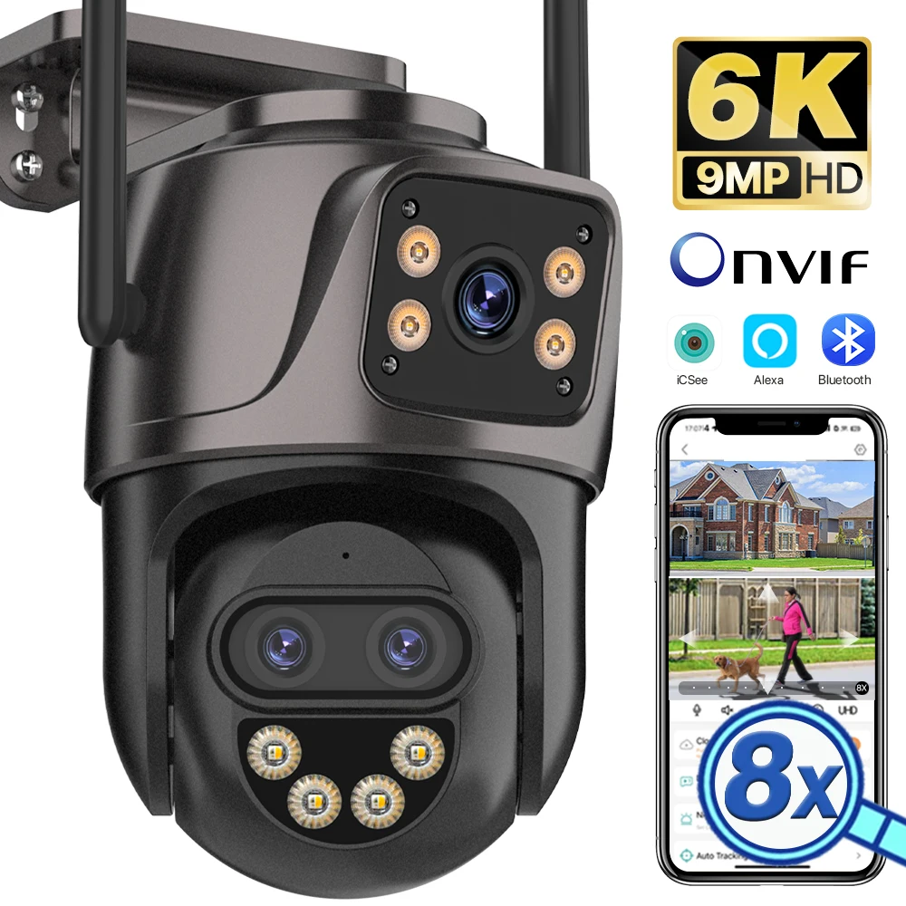 야외 보안 PTZ 카메라, 자동 추적 감시 iCSee, 6K 9MP HD IP 카메라, 3 렌즈 외부 와이파이 카메라, 4K 8MP 듀얼 스크린 