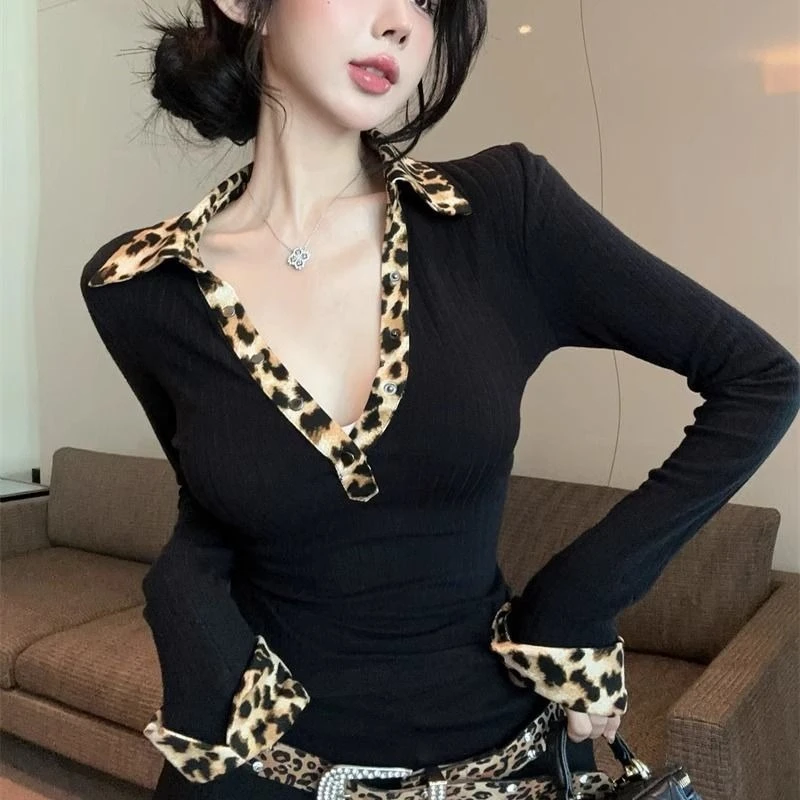 Glamorous Leopard Print Polo T-Shirt Deep V Long Sleeve Design for Autumn Slimming Versatile Layering​