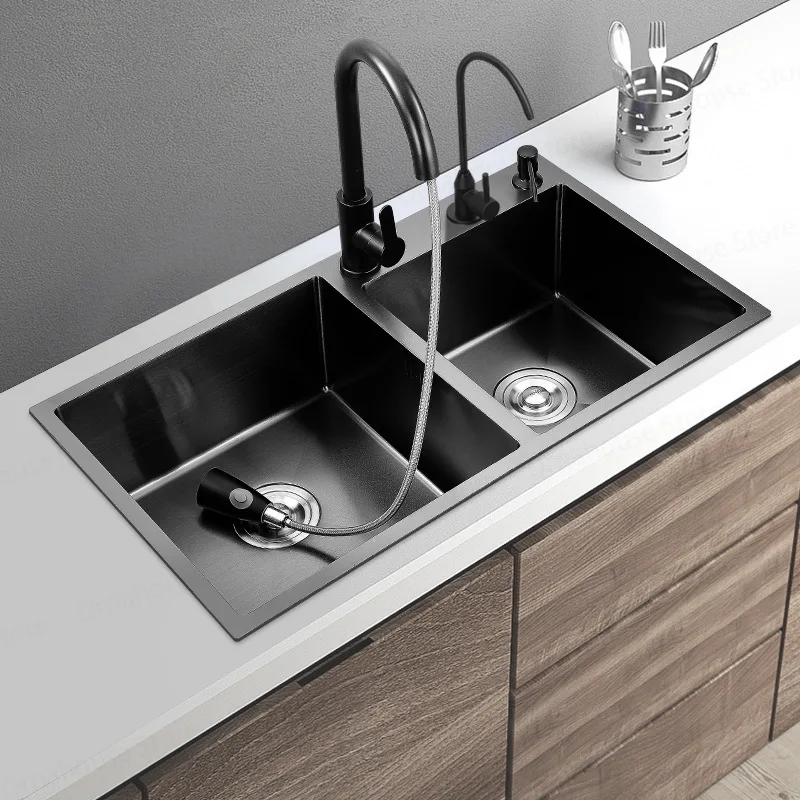 Wash Basin Double Sink Modern 304 Stainless Steel Kitchen Sinks Faucets Kitchen Fixtures Nordic for Kitchen Manual Sink Set