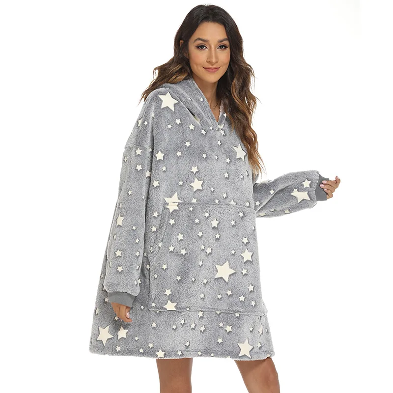 Grey Five-pointed Star Luminous Lazy Blanket Flannel Sherpa Cashmere Blanket Leisure Hooded Sweater