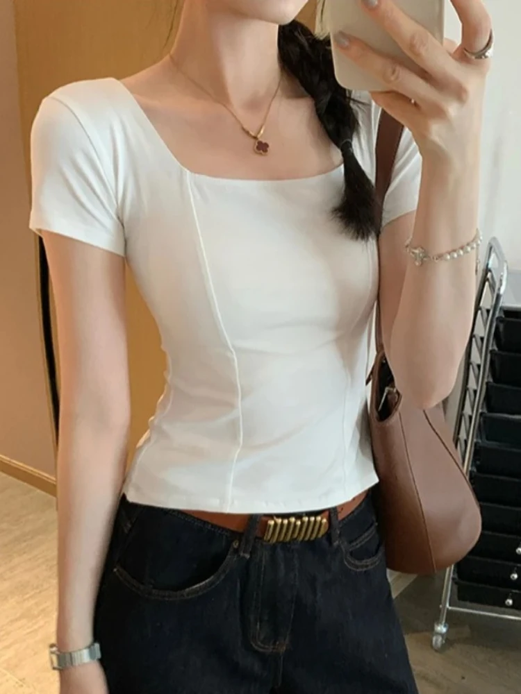 Korean Slim Fitted Short Sleeve Solid Color Tee 2026 Summer Square Neck Women T-shirt Chic Unique Waist Cinched Crop Top