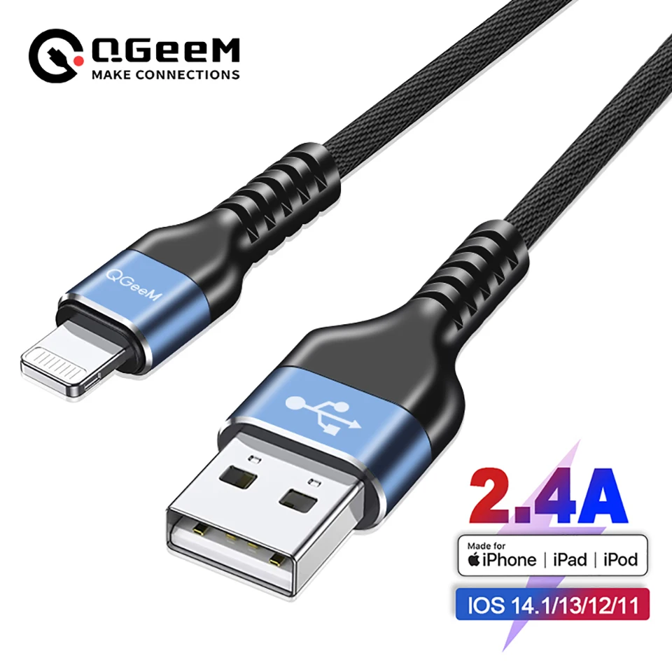 QGeeM MFi USB Cable for iPhone 12 Pro Max X XR 11 8 7 Plus 2.4A Fast Charging Lightning Cable USB Data Cable Phone Charger Cord