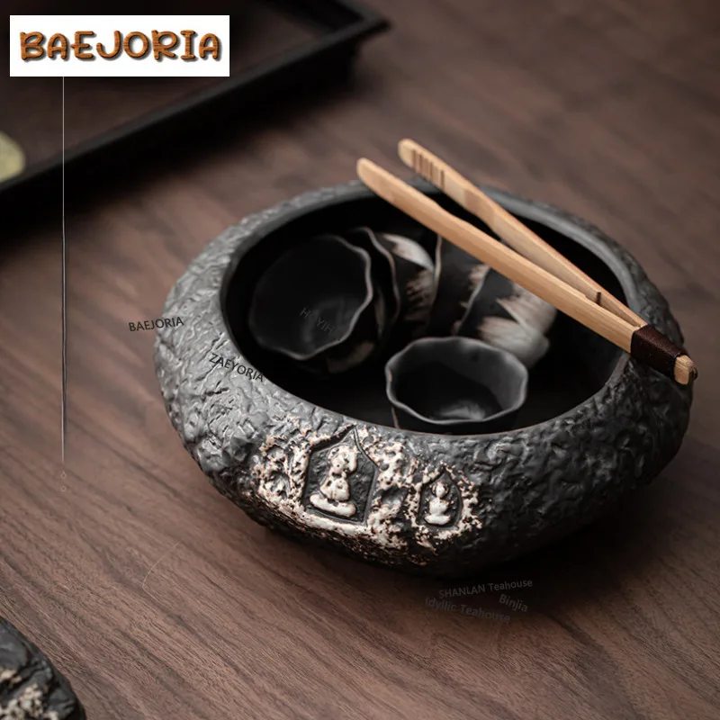 BAEJORIA 1800ML Wabi Sabi Style Buddha Black Pottery Jianshui Washing Cup Bowl Tea Dust Cylinder Barrel Household Chaxi Gifts