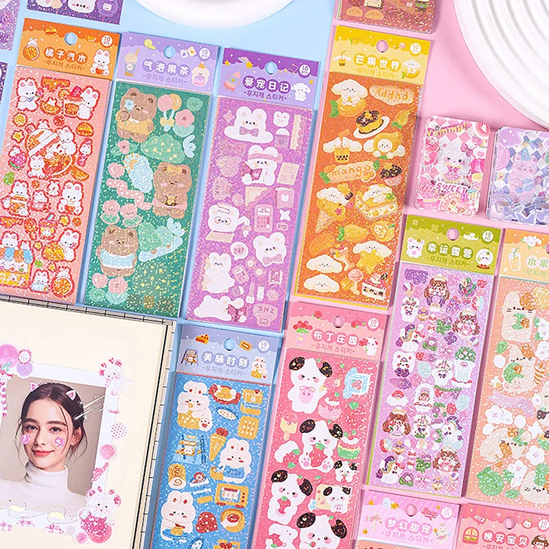 10PCS Kawaii Korean Deco Sticker Pack Cute Colorful Cartoon Designs Sparkling Glitter Effect Diary Deco