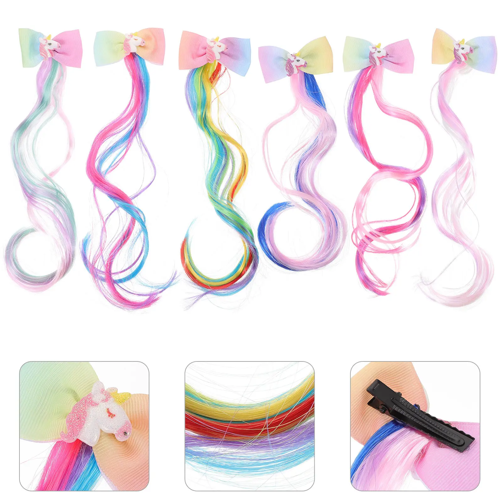 

6Pcs Kids Hair Extensions Colored Clip Hair Accessories Bow Clips for Halloween Birthday Carnival Stage