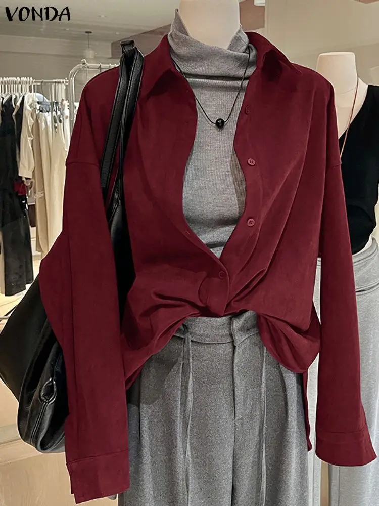 

VONDA, женская модная рубашка с длинным рукавом, осень-зима 2021, блузки, элегантные офисные женские топы, однотонные повседневные свободные Blusas Femininas