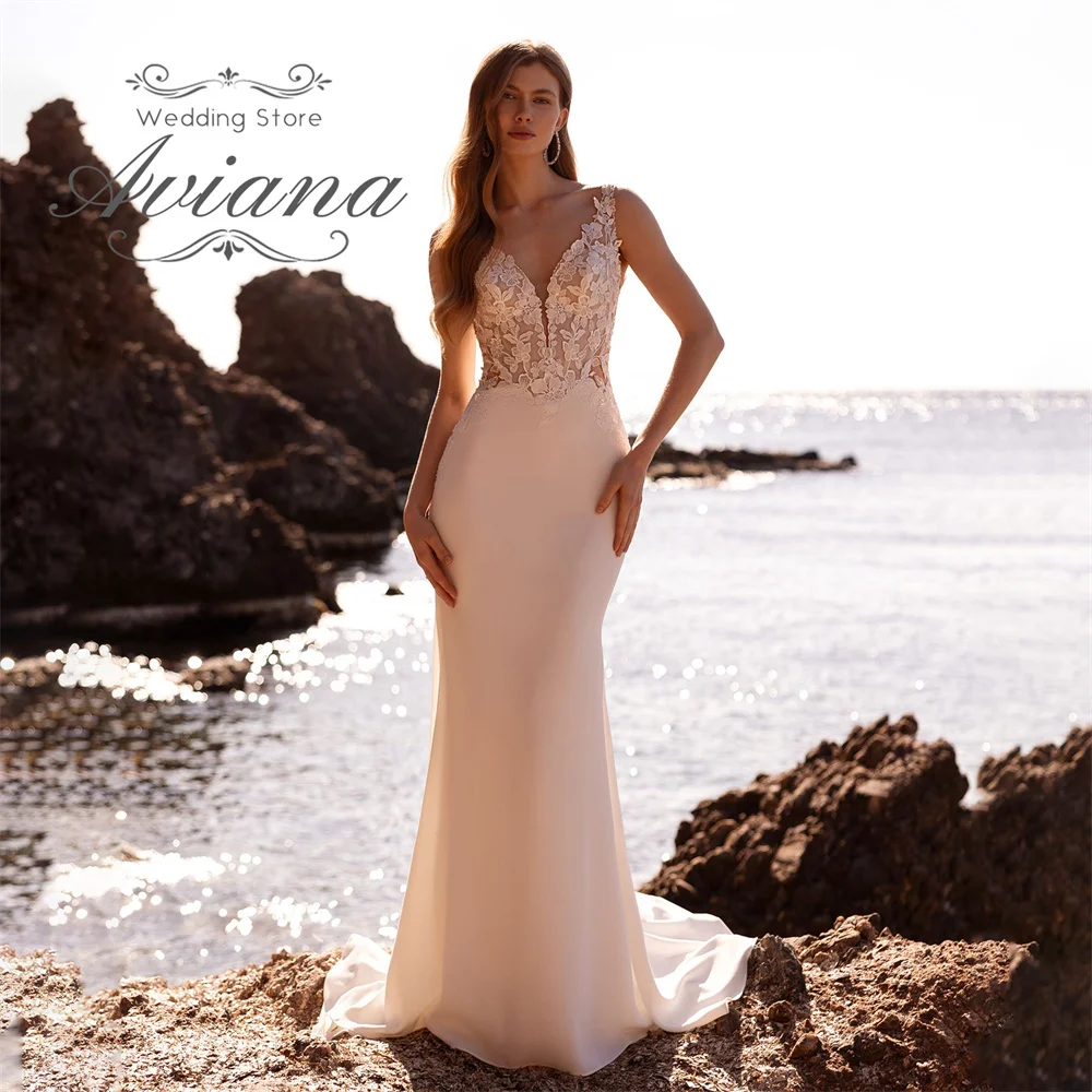 Aviana Maßgeschneiderte Spitzenstickerei, V-Ausschnitt, Spaghettiträger, Hofschleppe, Spitzenstickerei, ärmellos, 2025, rückenfreie Applikationen, Morden