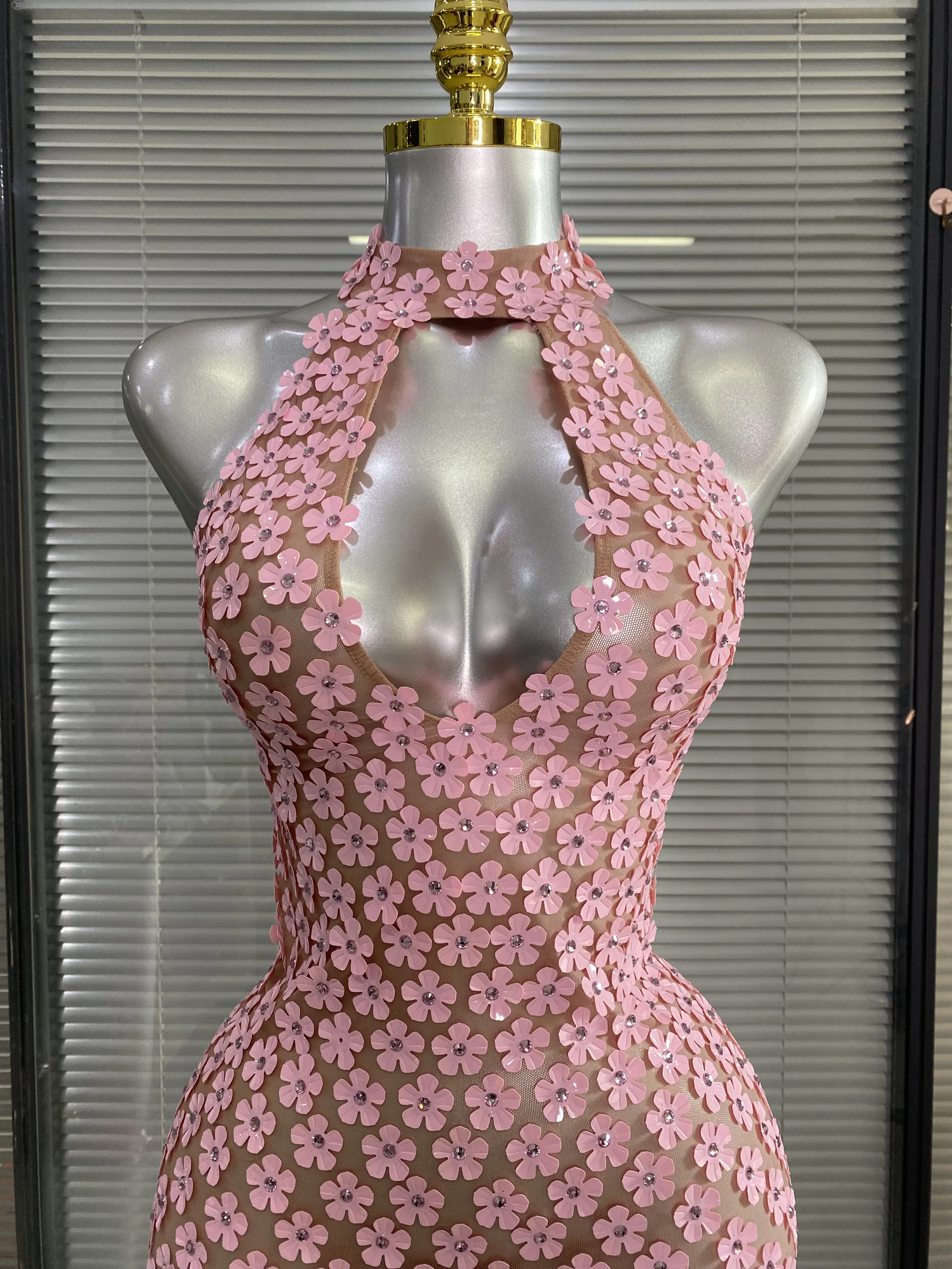 Women Sexy Sparkly Flowers Pink Sleeveless Mesh See Through Stretchy Mini Birthday Dress Party Nightclub Performance Costume