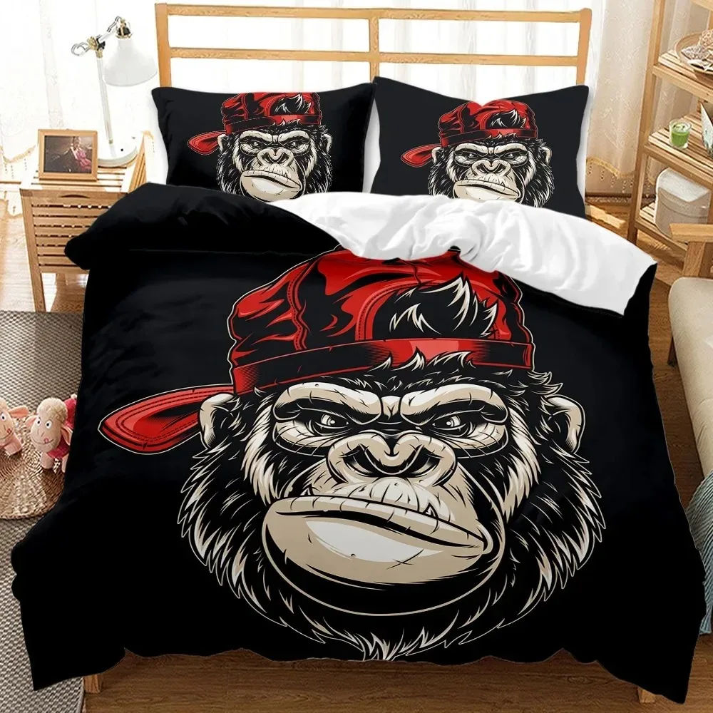 

Monkey Duvet Cover Gorilla Head Bedding Set Boys Teens Red Hat Comforter Cover Wild Animal Polyester Quilt Cover Queen Full Size