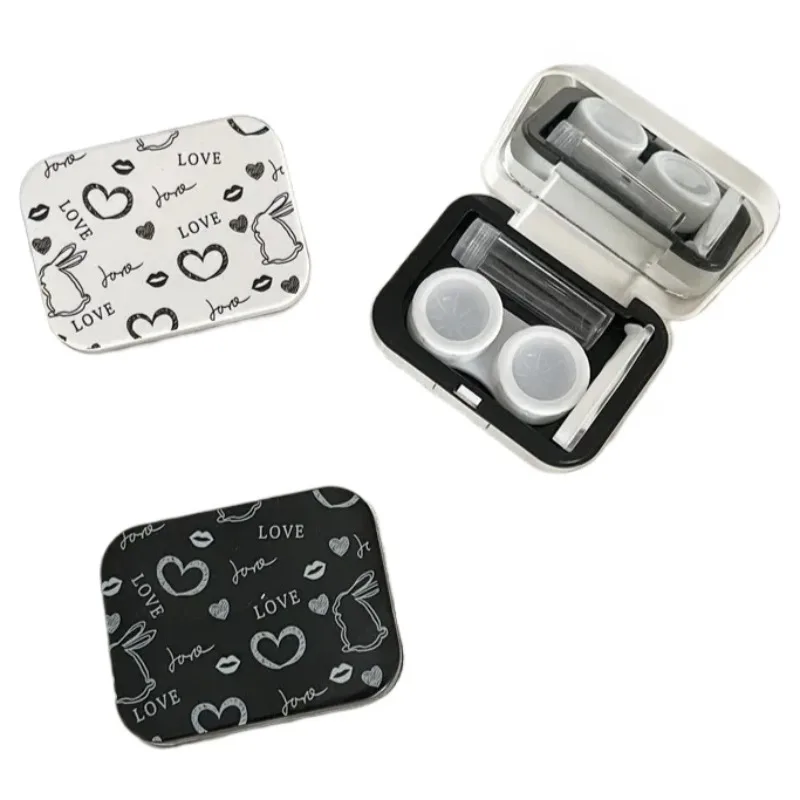 Love Heart Lip Contact Lenses Box Contact Lens Case with Built-in Mirror Tweezer Solution Bottle Contact Applicator Lens Holder