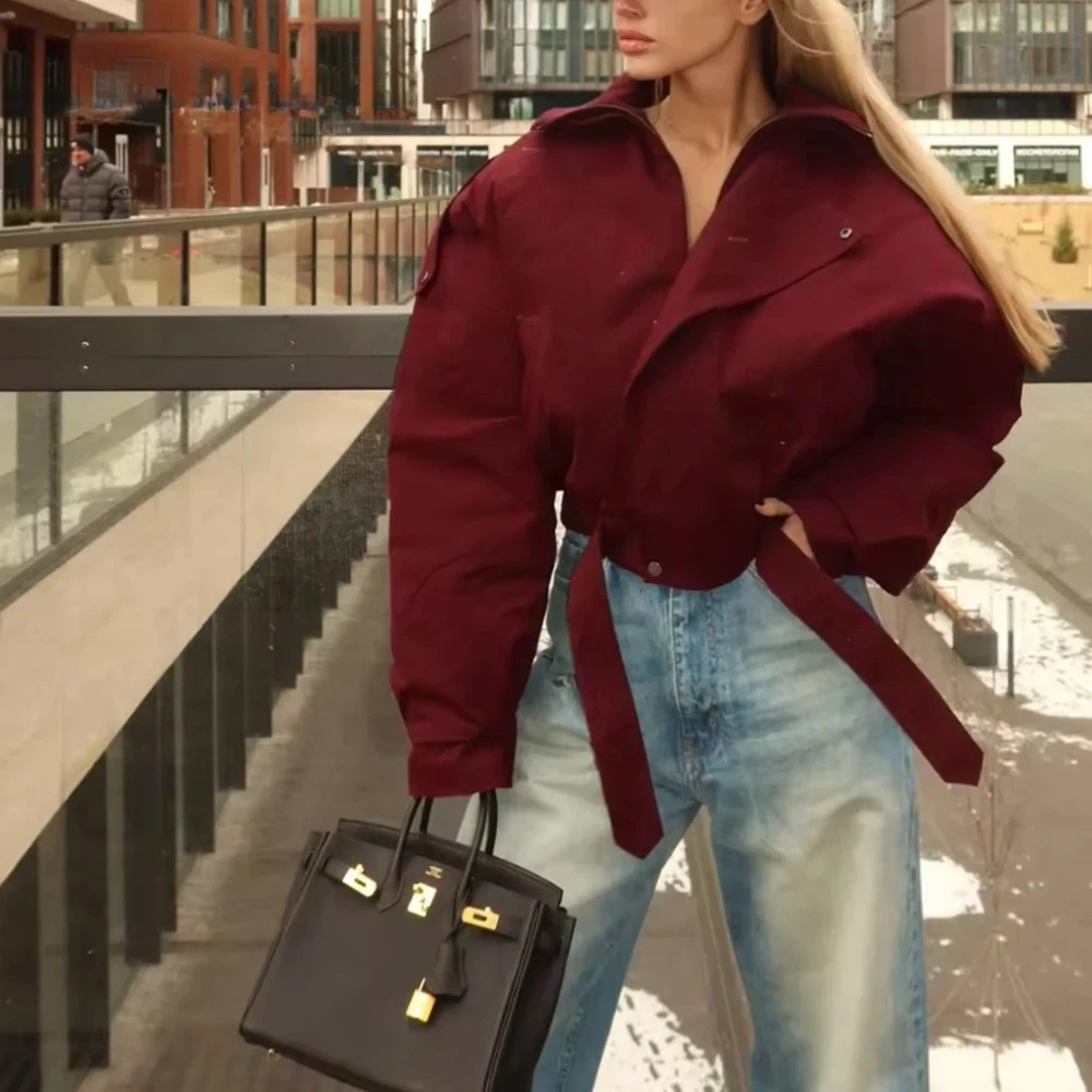 

KONDALA Chic Vintage Burgundy Women Pocket Outwear Lace-up Fashion 2025 Autumn Stand-up Collar Loose Casual Zipper Female Jacket