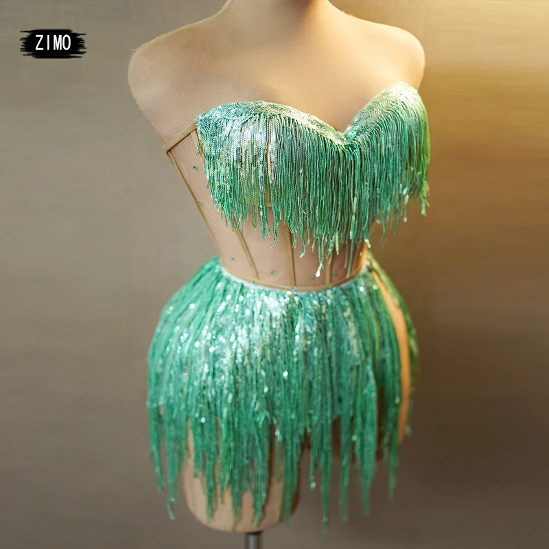 fashion 2 piece tassels green sequin dress performance party birthday outfits for women drag queen leotard pole dance clothing