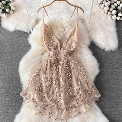 V sequined advanced evening dress sexy high waist thin sleeveless back dress summer