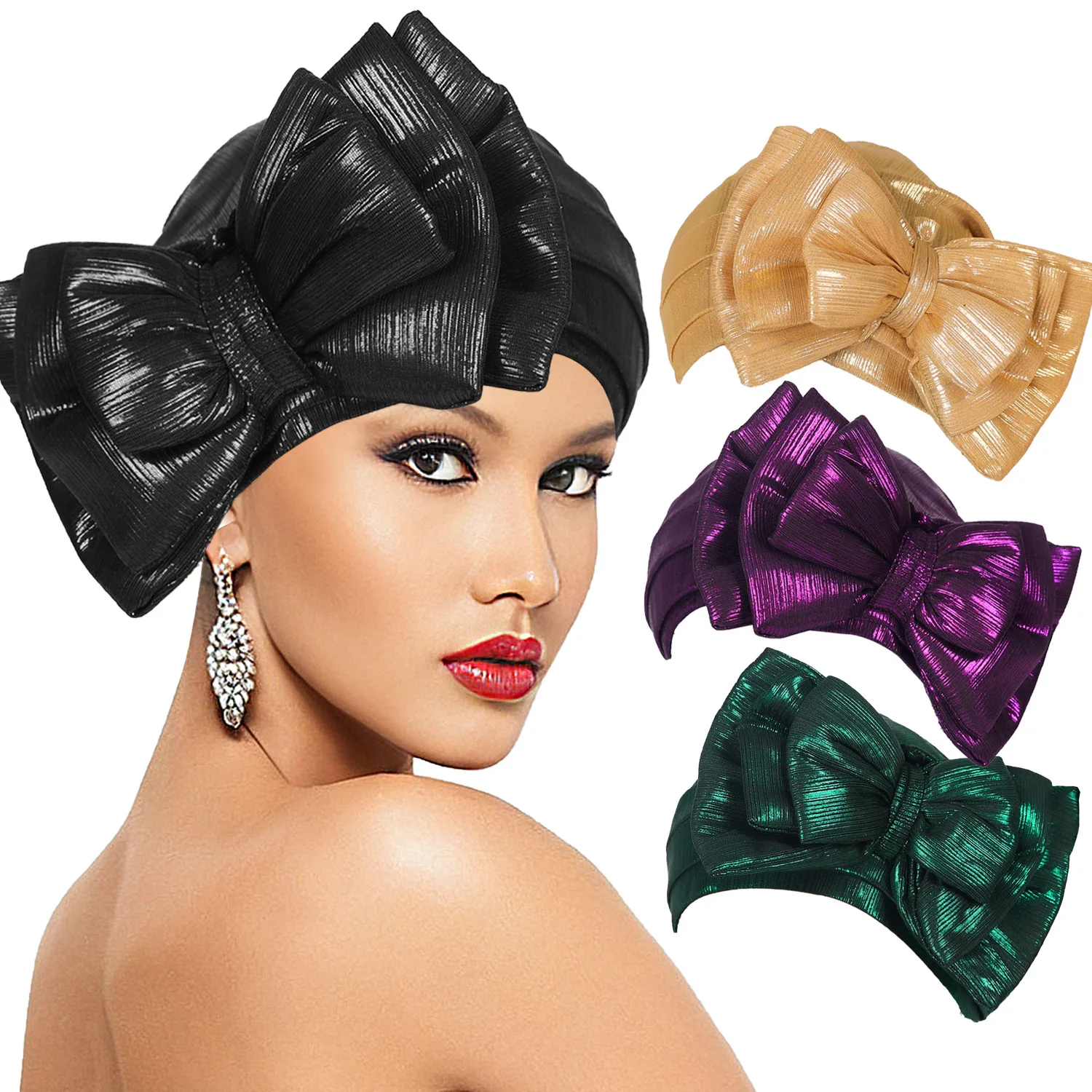 Elastic Bow Turban Caps for Women Muslim Headscarf Hat African Head Wraps Muslim Headwear Headwrap Bonnet Female Turbante Mujer