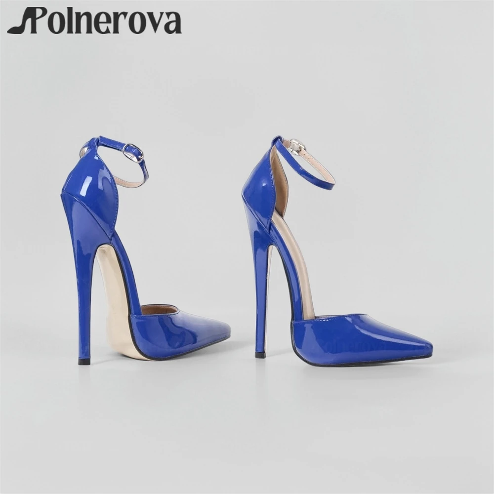 

18cm Blue Patent Leather Pointed Pumps Fetish Extreme Stiletto Sexy Ankle Buckle Side Hollow Pumps Customizable Large Size Heels