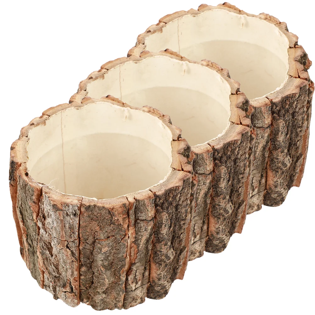 3 Pcs Home Decor Flower Bucket Bark Flowerpot Glass Natural Flavor Wood Plant Planting Container Wooden Vase Vases