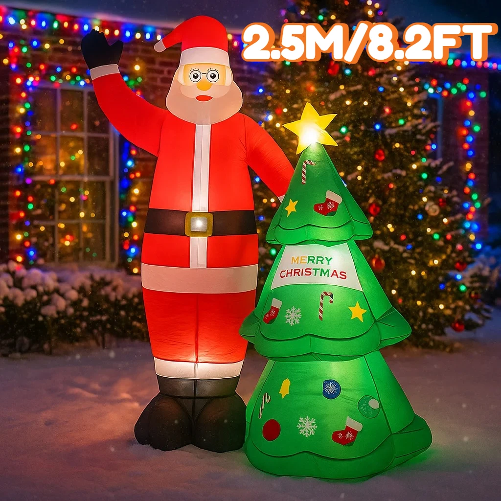 2.5M/8.2FT Inflatable Santa Claus Tree Lights LED Home Holiday Lighting Decoration Xmas Ornament Supplies Outdoor Party Decor