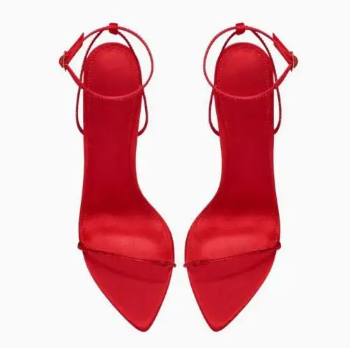 Sexy Women Red Black Crystal Rhinestone One Line Buckle Strap Sandals Pointy Open Toe Narrow Band Stiletto Heels Party Sandals